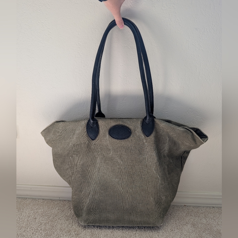 Army Green Canvas Black Leather Double Handle Tote Weekender Bag Purse